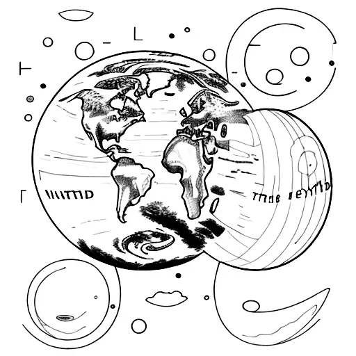 planet earth with the words "in the eyes of the world" written in scandia thin font around it, repeating itself tattoo design idea