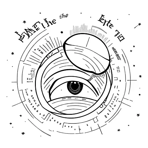 planet earth and around it the words "in the eyes of the world" written in scandia thin font around it, repeating itself tattoo design idea