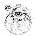planet earth with the words "in the eyes of the world" written in scandia thin font around it, repeating itself tattoo design idea