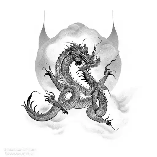 two Oriental dragons, entwined, one in black flames and one in clouds tattoo design idea