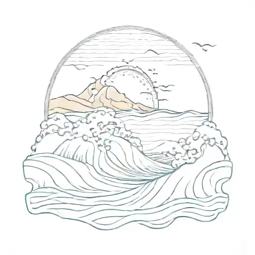 A wave breaking over a mountain range, with a subtle outline of the Sydney skyline in the background, in a sketch style tattoo design idea