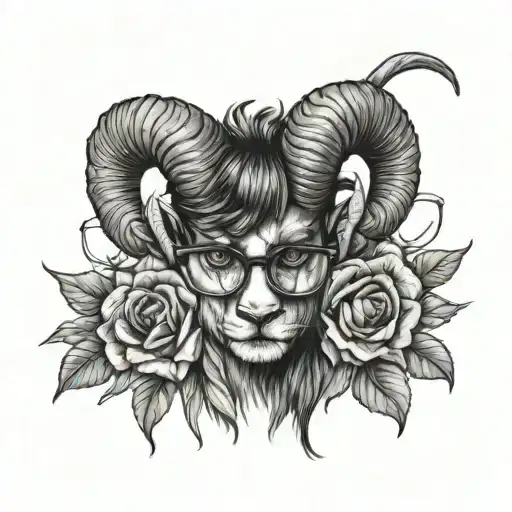 ram horns on head with glasses half happy half sad face, Daffodils, sunflowers. Roses.  tattoo design idea