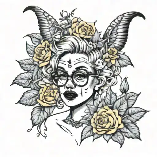 women horns on head with glasses. half happy. half sad, Daffodils, sunflowers. Roses. clown tattoo design idea