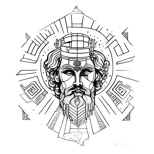 greek mythology fine line geometric arm tattoo with human figures mixed in with davinchi style overlay tattoo design idea