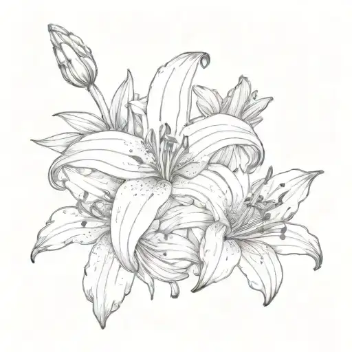 A surreal combination of lily flowers, honey suckle, and crisanthimus in a sketch style tattoo design idea
