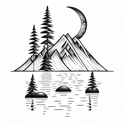 the fisherman sits on the shore of the lake, surrounded by trees, a mountain in the background, the moon reflected in th tattoo design idea