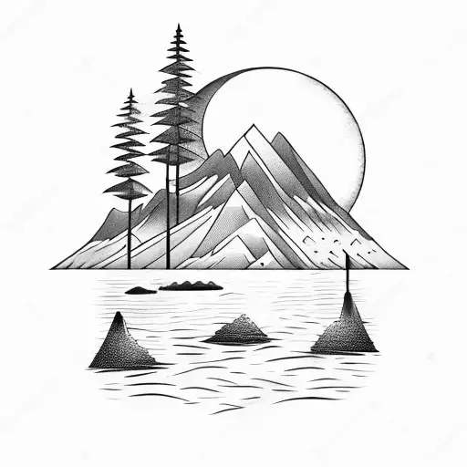 the fisherman sits on the shore of the lake, surrounded by trees, a mountain in the background, the moon reflected in th tattoo design idea