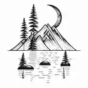 the fisherman sits on the shore of the lake, surrounded by trees, a mountain in the background, the moon reflected in th tattoo design idea