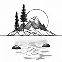 the fisherman sits on the shore of the lake, surrounded by trees, a mountain in the background, the moon reflected in th tattoo design idea