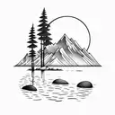 the fisherman sits on the shore of the lake, surrounded by trees, a mountain in the background, the moon reflected in th tattoo design idea