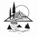 the fisherman sits on the shore of the lake, surrounded by trees, a mountain in the background, the moon reflected in th tattoo design idea