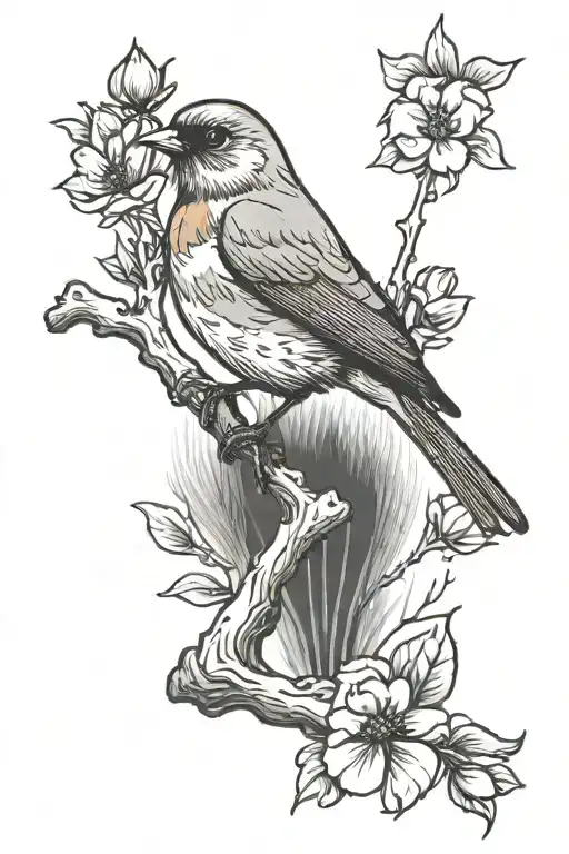 robin bird on a branch looking up at a cardinal with flower accents  tattoo design idea