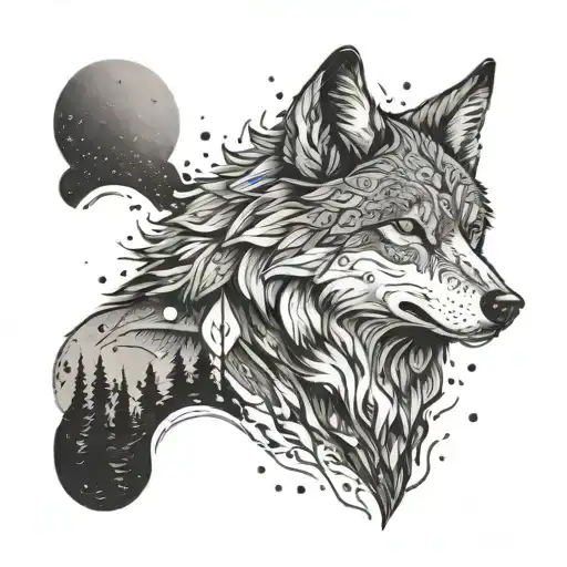 A wolf howling in a forest with a subtle nod to being a husband and father in the design tattoo design idea