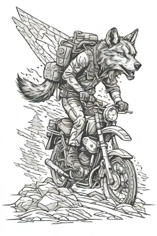 Design a tattoo of a construction manager symbolized by a wolf leading a pack of motorcycles through a rugged terrain tattoo design idea