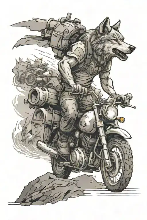 Design a tattoo of a construction manager symbolized by a wolf leading a pack of motorcycles through a rugged terrain tattoo design idea