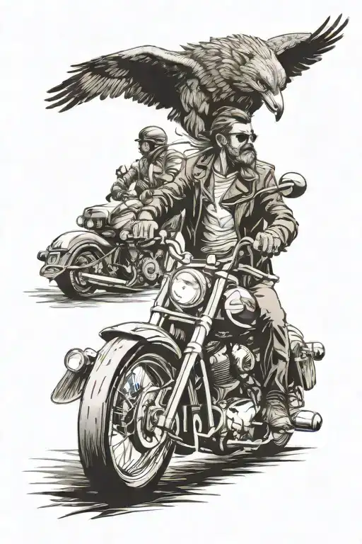 Create a tattoo of a father and husband riding a motorcycle with a wolf and eagle by his side, representing his love for his family and passion for motorcycles tattoo design idea