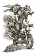 Design a tattoo of a construction manager symbolized by a wolf leading a pack of motorcycles through a rugged terrain tattoo design idea