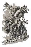 Design a tattoo of a construction manager symbolized by a wolf leading a pack of motorcycles through a rugged terrain tattoo design idea