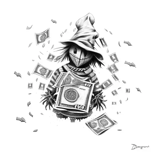Scarecrow holding a bag of money tattoo design idea