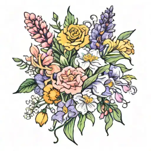 bouquet of flowers with carnation , iris , cherry blossom, sweet pea , honeysuckle and marigold tattoo design idea