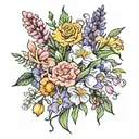 bouquet of flowers with carnation , iris , cherry blossom, sweet pea , honeysuckle and marigold tattoo design idea