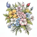bouquet of flowers with carnation , iris , cherry blossom, sweet pea , honeysuckle and marigold tattoo design idea