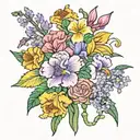 bouquet of flowers with carnation , iris , cherry blossom, sweet pea , honeysuckle and marigold tattoo design idea