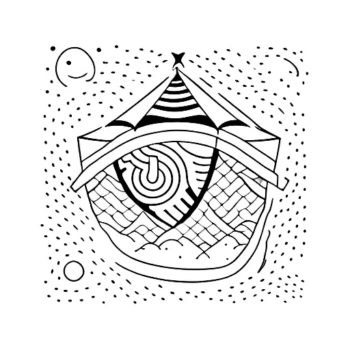 A blackwork tattoo of a tent under a starry night sky with the word 'adventure' tattoo design idea