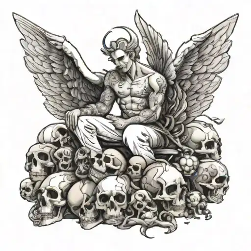 angel Micheal atop a pile of demons and skulls  tattoo design idea