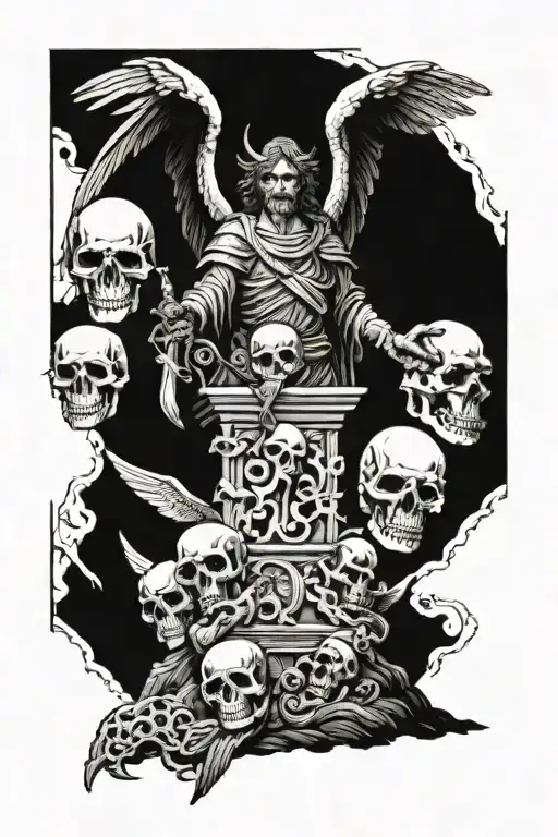 angel Micheal triumphantly standing on pile of demon skulls "he who lives by the sword, shall die by the sword" tattoo design idea