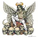 angel Micheal atop a pile of demons and skulls  tattoo design idea