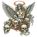 angel Micheal atop a pile of demons and skulls  tattoo design idea