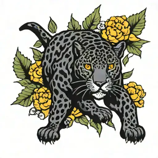 black walking jaguar with marigolds flowers  tattoo design idea