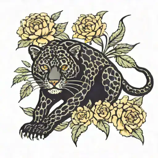 crawling black jaguar with marigold flowers  tattoo design idea