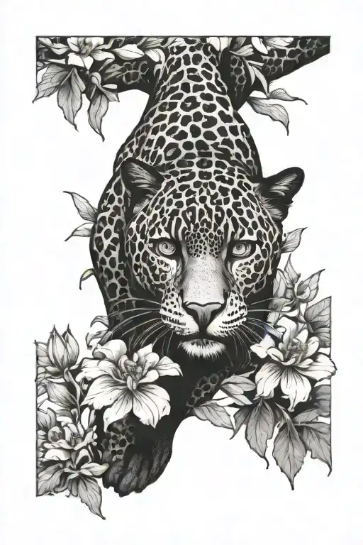 prowling black jaguar with marigold flowers  tattoo design idea