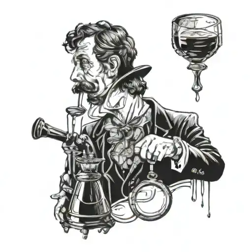 Sherlock Holmes with wine Glas and magnifying glasses  tattoo design idea