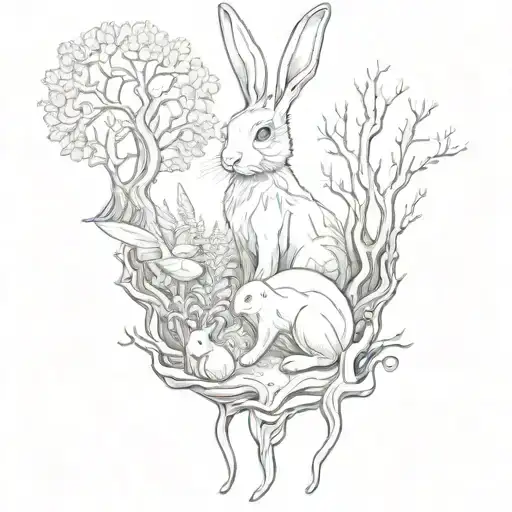 Bunny mystical forest scene tattoo design idea