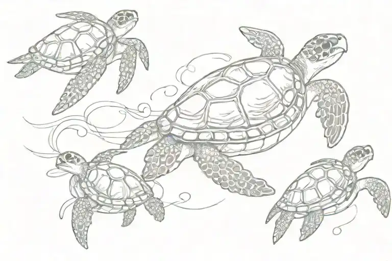family of 3 sea turtle swimming tattoo design idea