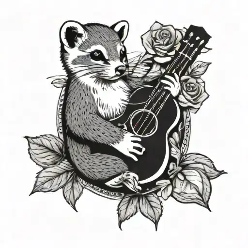 Weasel playing ukulele and holding pen with white roses tattoo design idea