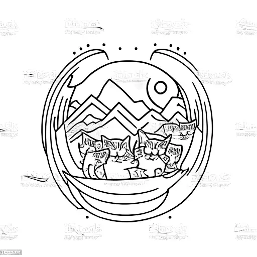 cats pulling a wagon at the top of a mountain with blue flames at bottom of mountain tattoo design idea