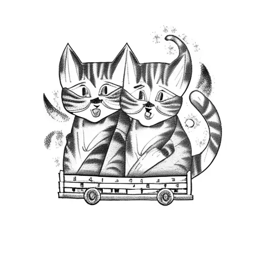 cats pulling a wagon at the top of a mountain with blue flames at bottom of mountain tattoo design idea