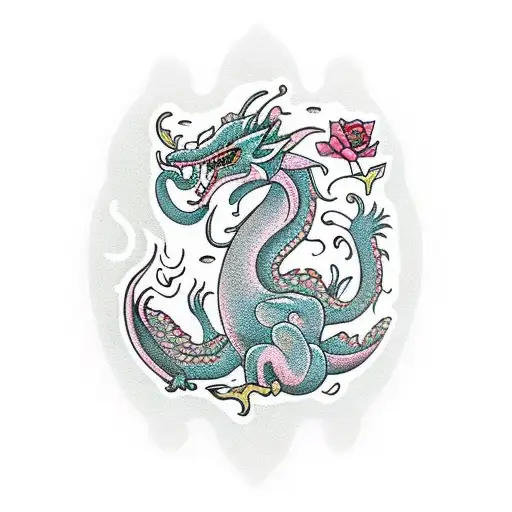 traditional feminine dragon with flowers in an invisible border shaped like a vertical rectangle tattoo design idea