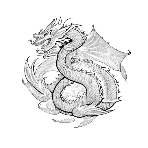 traditional pretty dragon with flowers in an invisible border shaped like a vertical rectangle tattoo design idea