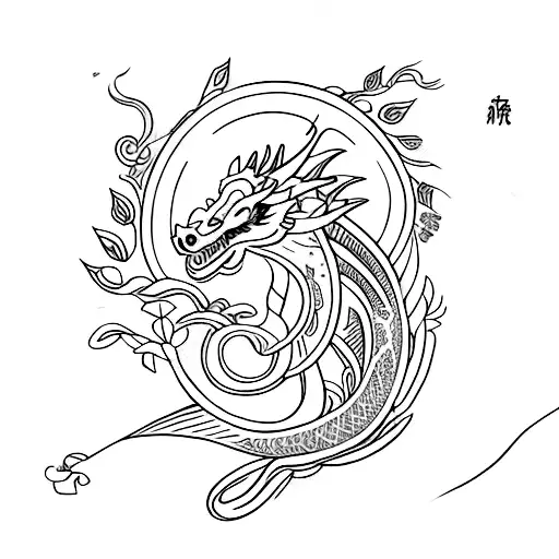 traditional feminine dragon with flowers in an invisible border shaped like a vertical rectangle tattoo design idea