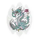 traditional feminine dragon with flowers in an invisible border shaped like a vertical rectangle tattoo design idea