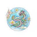 traditional feminine dragon with flowers in an invisible border shaped like a vertical rectangle tattoo design idea