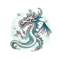 traditional feminine dragon with flowers in an invisible border shaped like a vertical rectangle tattoo design idea