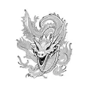 traditional pretty dragon with flowers in an invisible border shaped like a vertical rectangle tattoo design idea