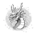 traditional pretty dragon with flowers in an invisible border shaped like a vertical rectangle tattoo design idea