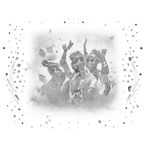 A vibrant and colorful tattoo featuring a party scene with dancing figures and confetti, capturing the excitement and energy of a celebration. tattoo design idea